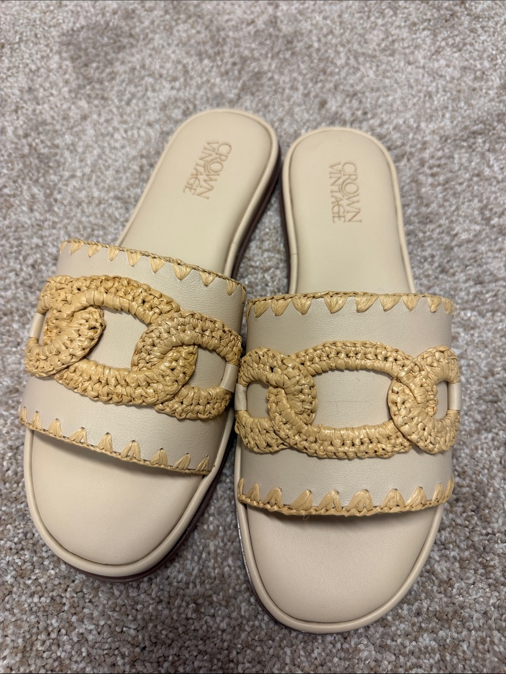 Crown Vintage Cream Slide Sandals with Woven Tan Chain like Detail